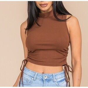 Nothing But Sexy Ribbed Mock Neck Tank Top LG Brown Cinched Ruched Side Tie NWT